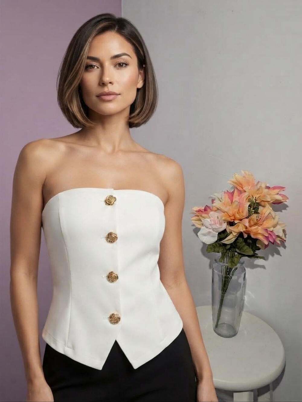 Elegant White Strapless Corset Bustier Top w/ Gold Buttons Size M